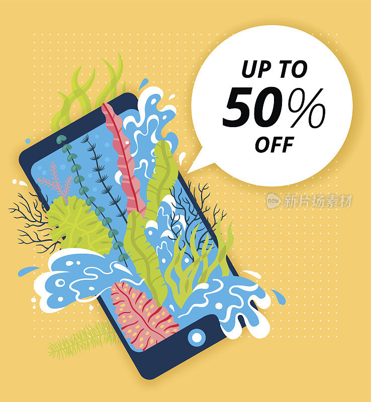 Concept of travel, seaweed and sea wave in phone screen, online ordering holiday vouchers with discount